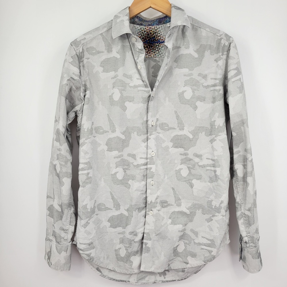 Robert Graham Button Up Shirt Men Small Gray Digital Camo Classic Fit Designer